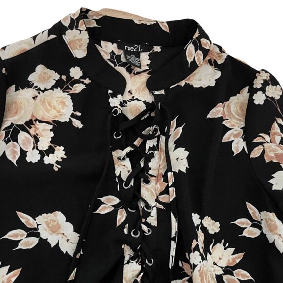 Rue 21 Lace Up Front Hi-Lo Hem Floral Dress Black with Beige Roses XS - Picture 4 of 6